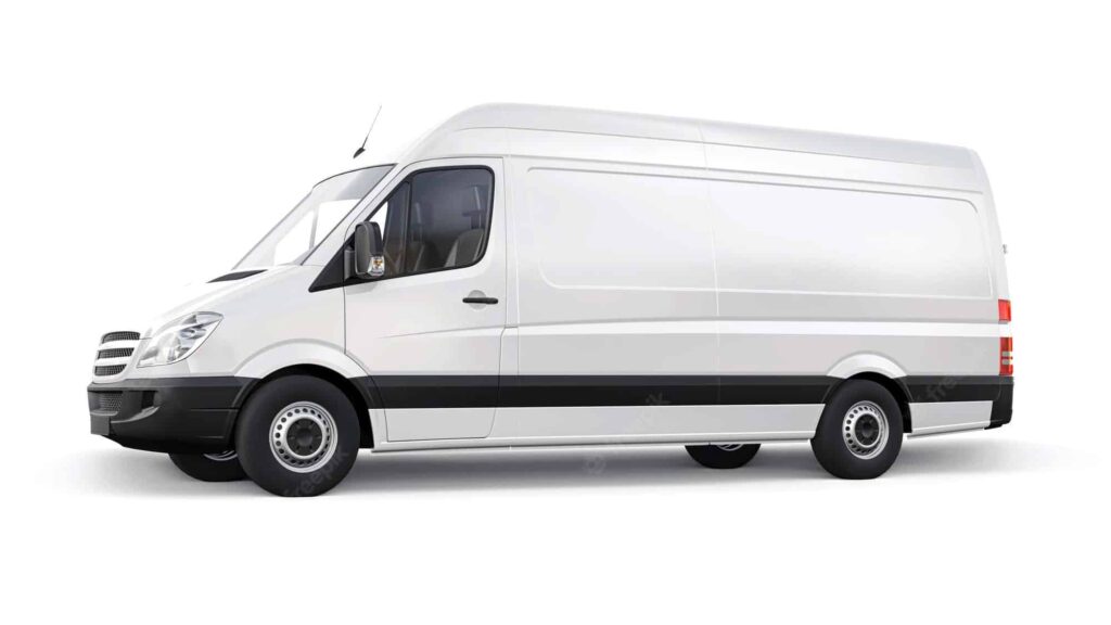 A white cargo van with a high roof and extended body.